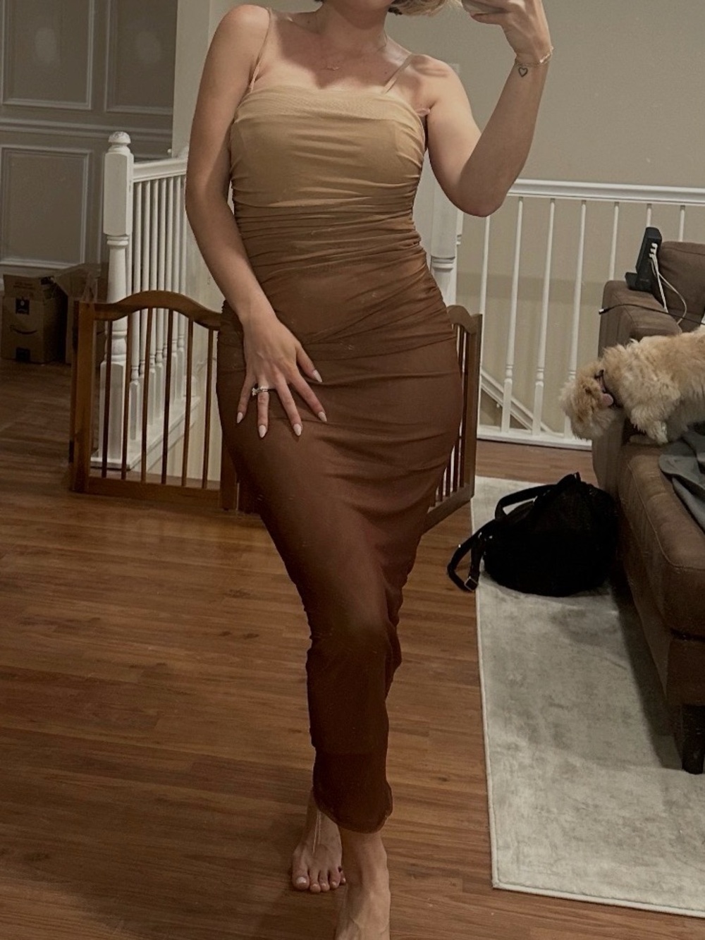 Sleek Two-Tone Tan Bodycon Midi Dress